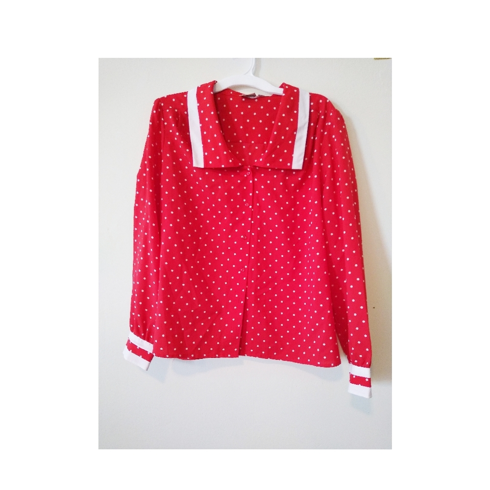 Vintage Red and White Polka Dot Button Up